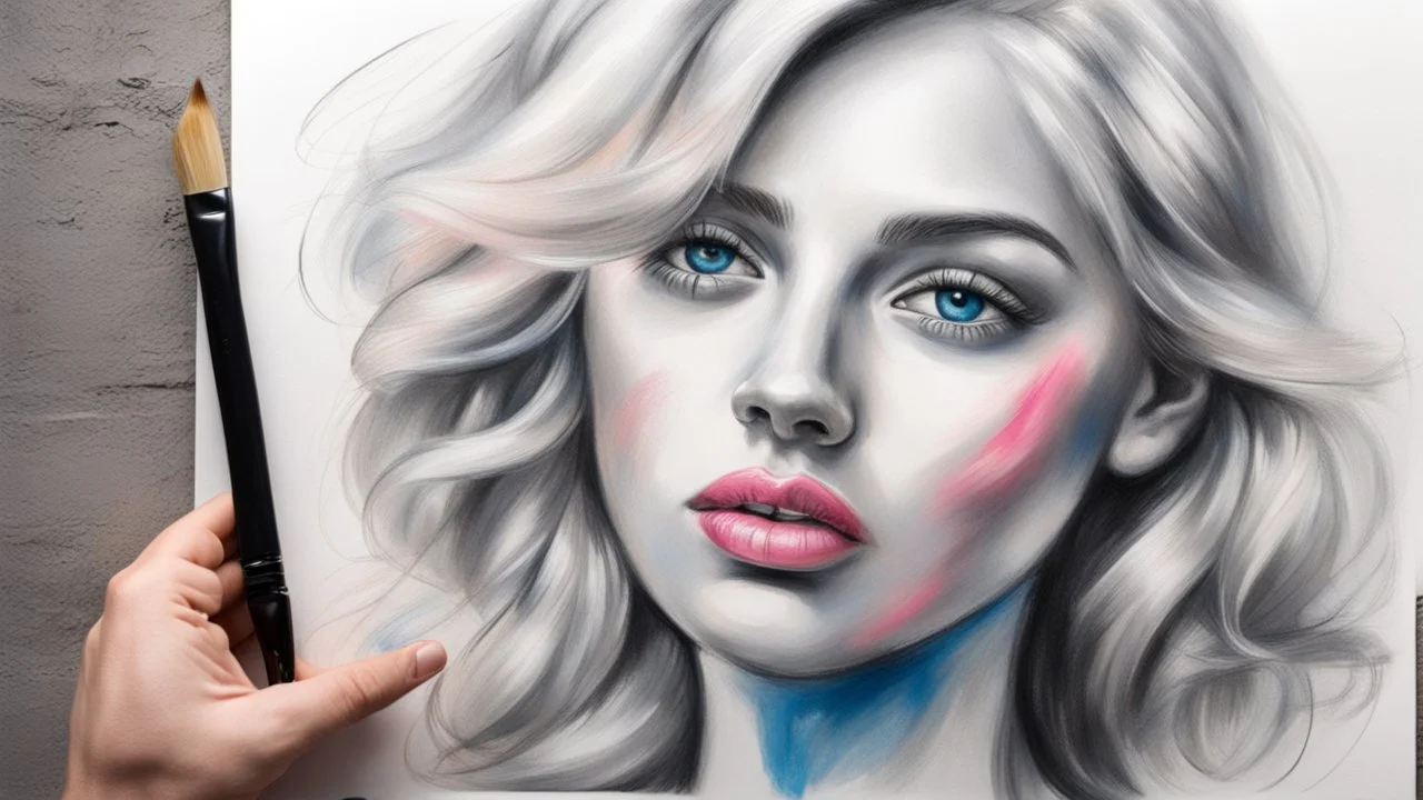 street artist draws a portrait of a blonde woman, charcoal, pencil, pink lips, blue eyes, fine drawing, hand with a brush