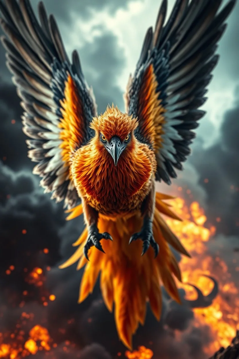 Create a ultra high definition and photorealistic image, 12k quality of a beautiful phoenix, majestic and strength showing, emphasis on texturized claws, upclose with a front view flying towards the camera, centre of an explosive and chaotic background scene of Armageddon where he is followed by demon like dark clouds in persuit trying to grab him, phoenix has striking eyes and determined look, majestic wings folded inwards in flight, bright auburn, black, white, grey and yellow colours, gothic