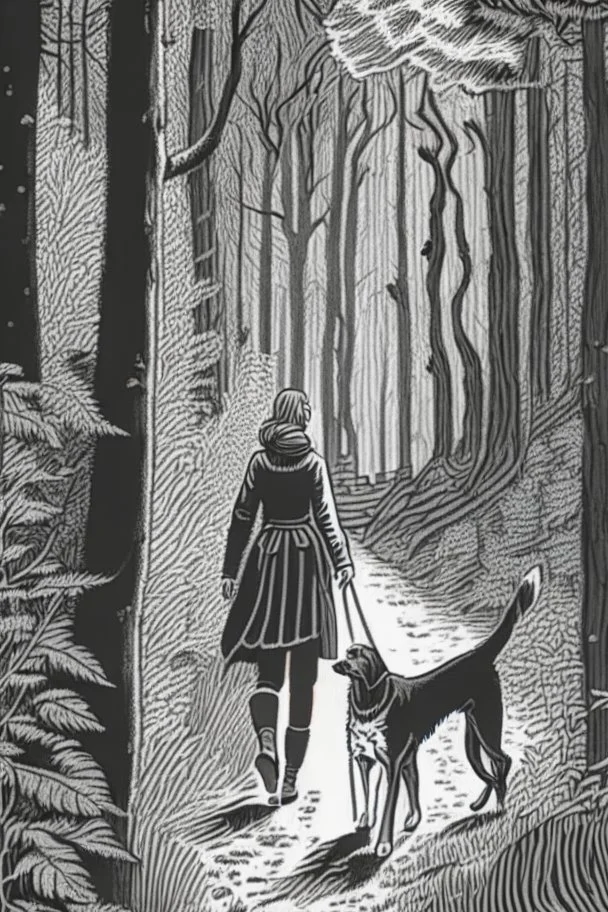 in the style of a Henry Justice Ford drawing, a woman walks through a forest, she is followed by a dog