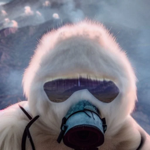 Yeti, wildfires in the background, mountains