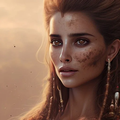 best quality, realistic lighting, masterpiece portrait of Penelope Cruz from pirates of the Caribbean, details, light dusting of freckles, shot from above, simple chain hauberk, warhammerVector art matte painting digital illustration 3D shading CryEngine Behance HD 3Delight