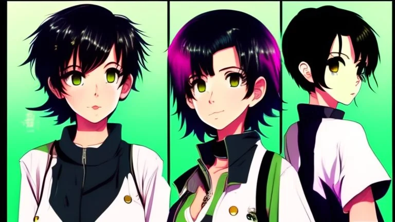 Relaxed and Stylish Anime 90s , short black hair , two personalities