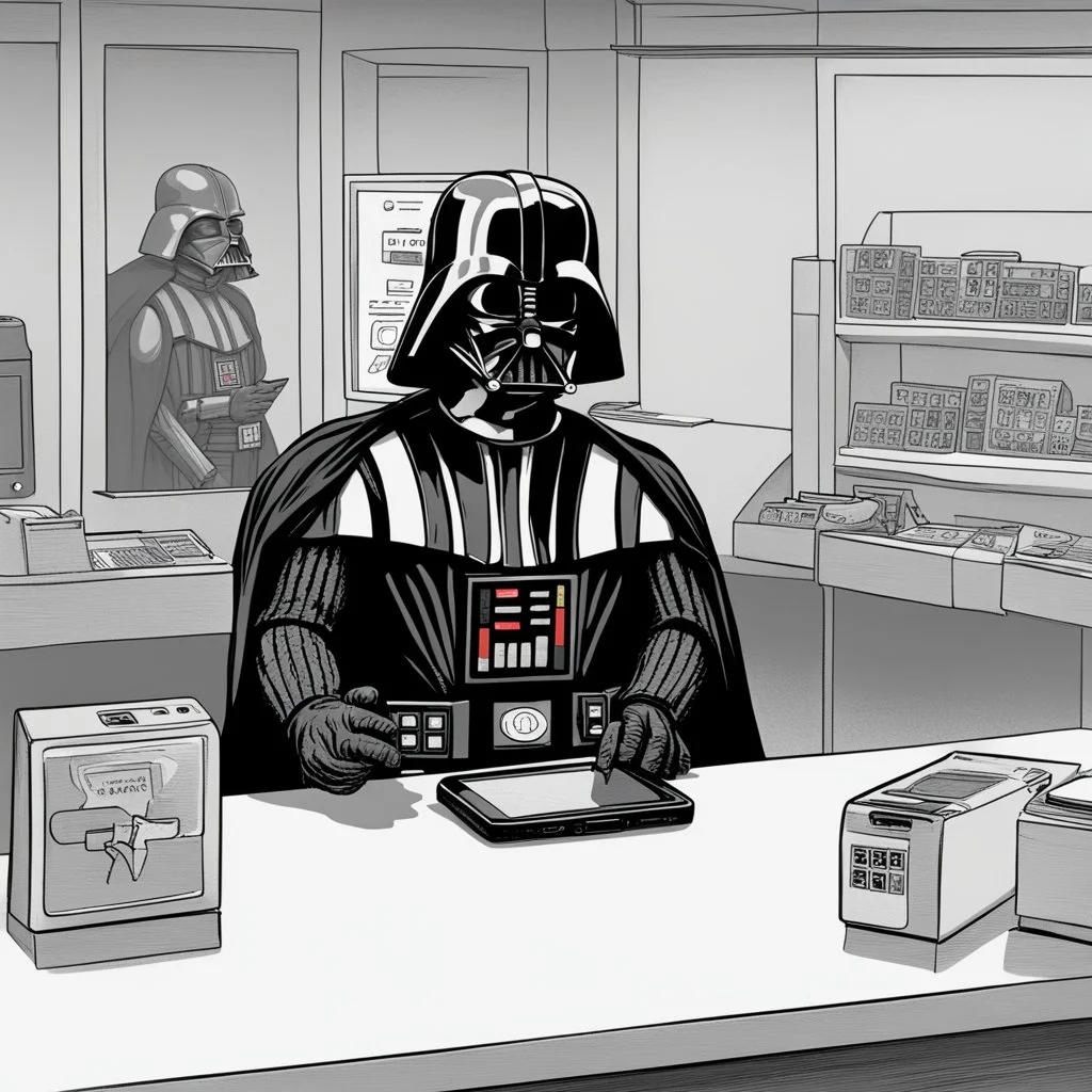 Darth Vader purchasing a new smartphone.