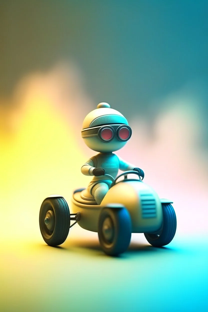 cute robot in drift trike car, motion blur, smoke, 4k, downlight, soft light, depth of field, photorealism, trending on art station