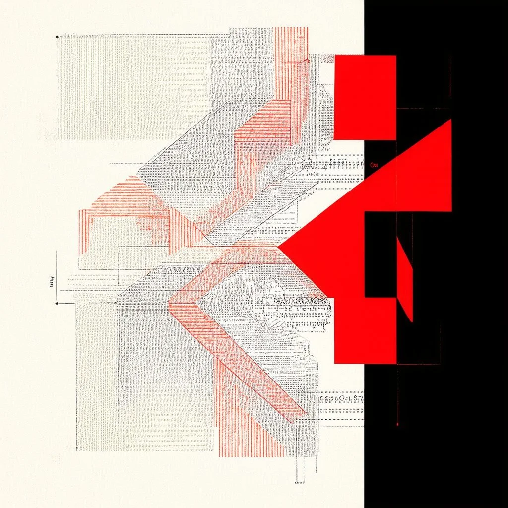 Precise geometries and flow graphs, violent colors, harsh contrast, abstract surreal art, by Arthur Secunda and Victor Pasmore and Petros Afshar, silkscreened mind-bending illustration, asymmetric, Braille code characters, UV x-ray warm colors, dark background, Sharp Contrast, dynamic composition, red hues