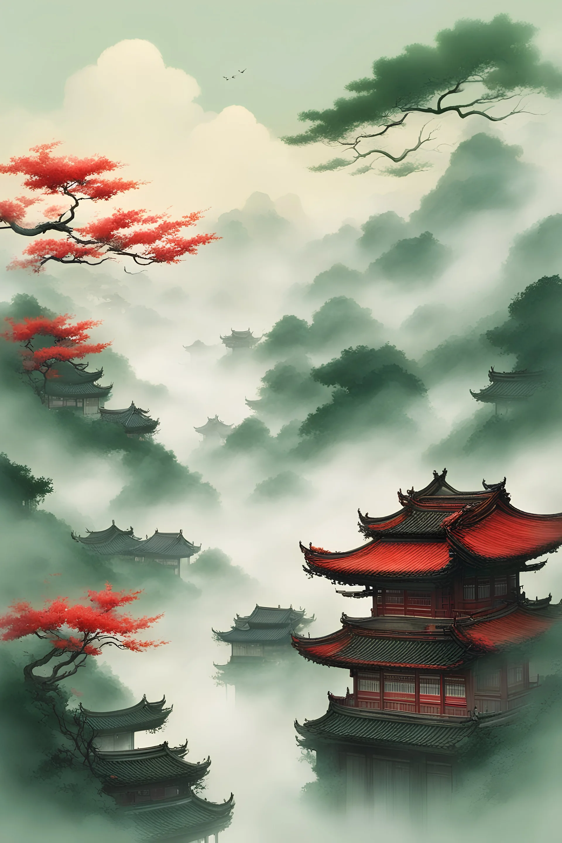 Jiangnan, green wind, clouds and mist, a little yellow-green and tender red, ancient style, poetry and illustrations, very clear and delicate