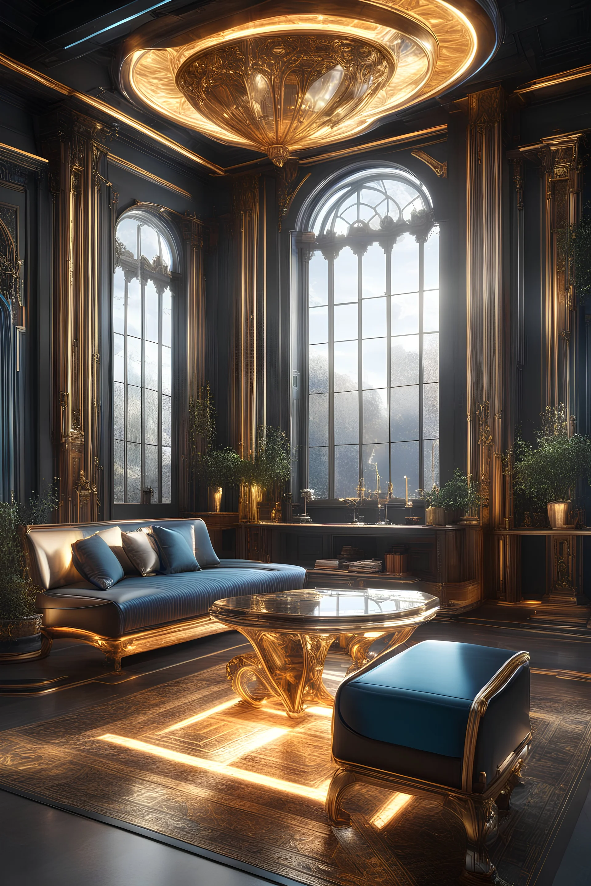 Furniture, unique, futuristic, symmetric, highly detailed, celestial, with full color, 3D, with glass, Cinematography, photorealistic, epic composition, Unreal Engine, Cinematic, Color Grading, fantasy, sunlight, ultra detailed artistic photography, midnight aura, glamour, intricate artwork masterpiece, golden ratio, trending on artstation, isometric, centered,Curtation