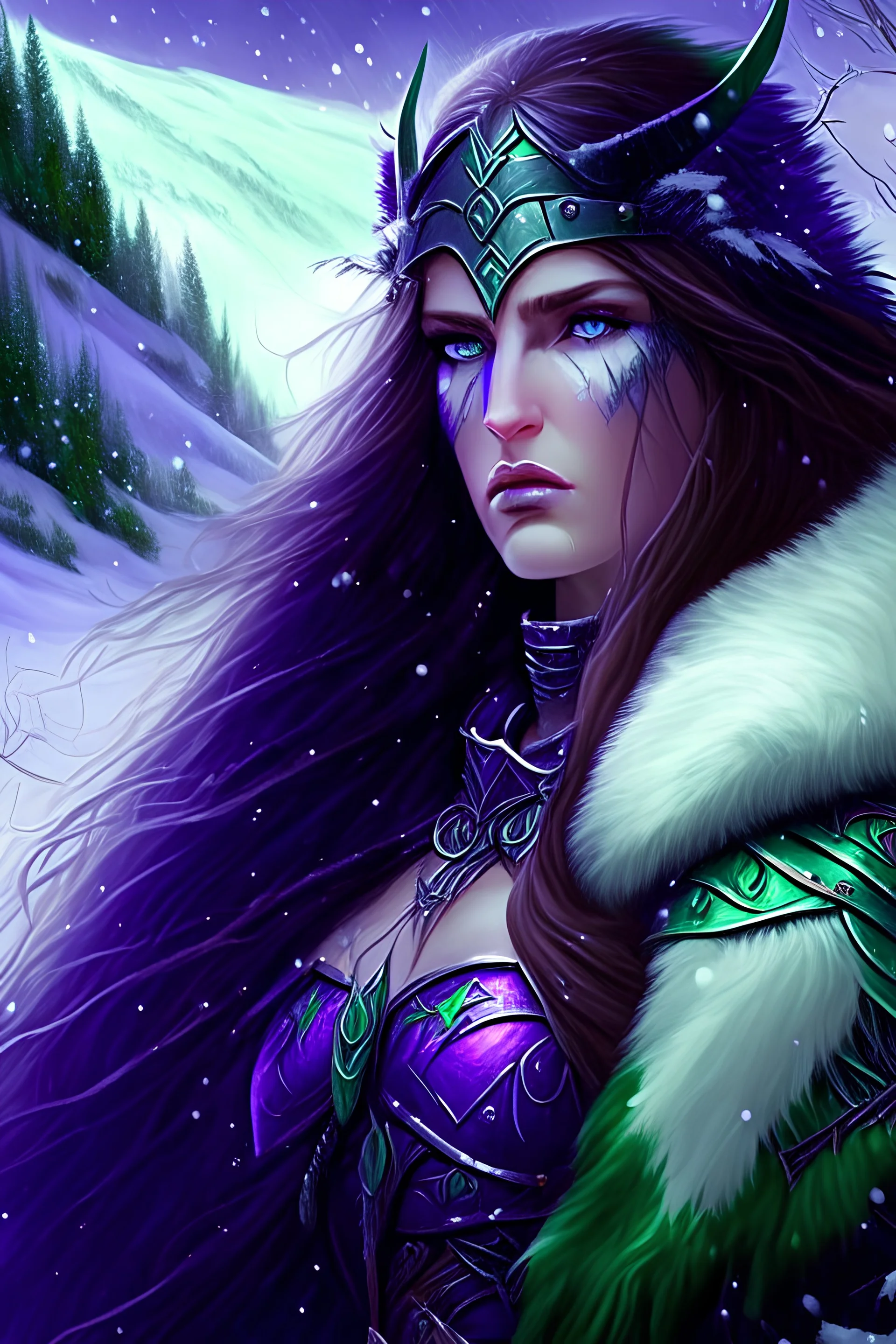 Fantasy art, woman valkyrie, purple long hair, beautiful woman, black armour, snow background, green eyes,