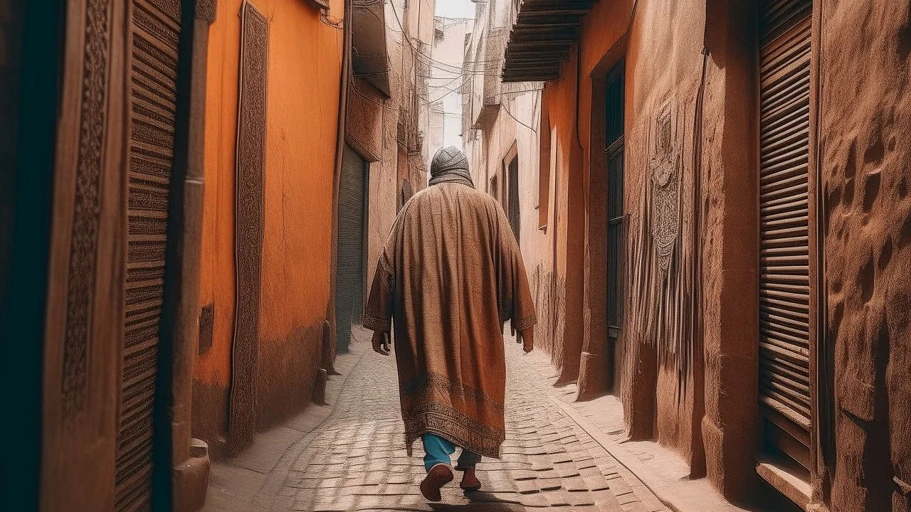 Rear view of an elderly Moroccan walking in a Moroccan alley