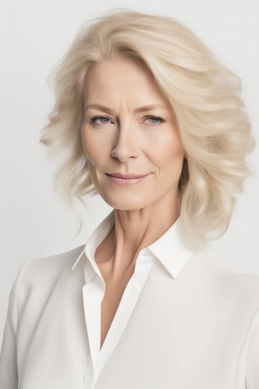 A powerful woman in a white blouse, in her 40s blond hair