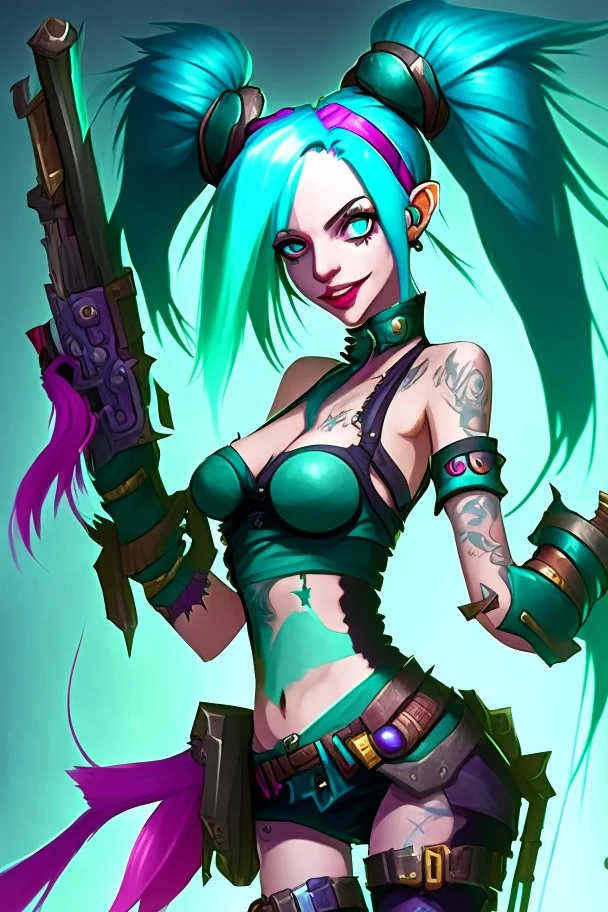 Jinx is a fictional character from the video game "League of Legends." She is typically depicted with long, blue hair and green eyes, and wears a stylish and revealing outfit that resembles a classic magicians' costume. Jinx is often armed with a variety of weapons such as swords, explosive devices, and sharp throwing stars which she uses to fight her enemies in battle. Her chaotic and unpredictable nature is reflected in her maniacal laughing and energetic movements.