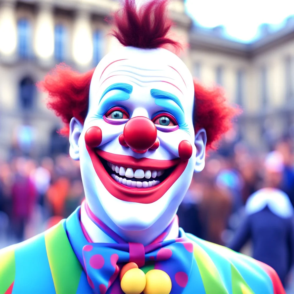 A clown with an exaggerated smile, funny pixar style, styling by Jana Mataiko, a big highlighted tooth, against the background of Trafalgar Square, symmetrical composition, digital painting, vibrant lighting, extremely fine details.