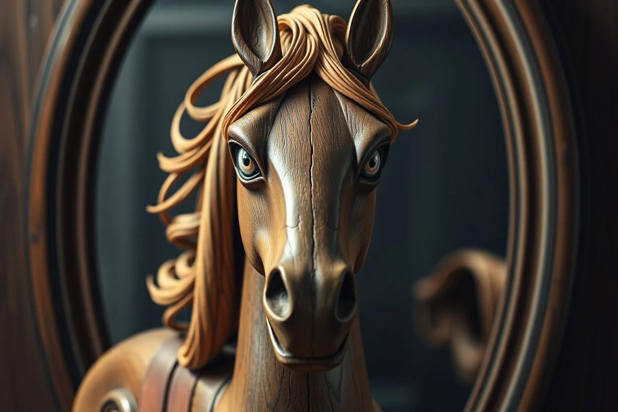 shiny yoga wooden horse kuotoa thief fat vampire semi transparent eyes in front of mirror