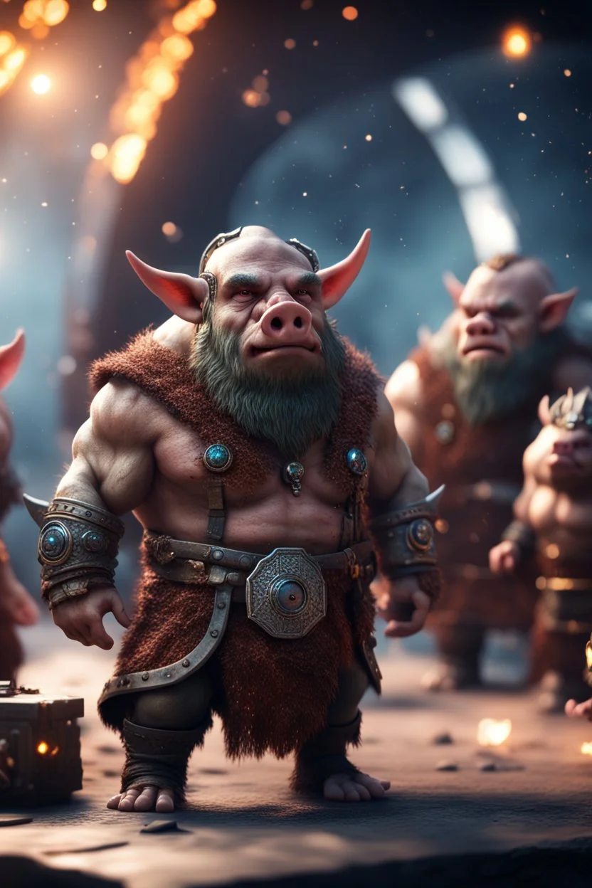 really macho pimp orc viking pigs that go hard , in front of space portal dimensional glittering device, bokeh like f/0.8, tilt-shift lens 8k, high detail, smooth render, down-light, unreal engine, prize winning