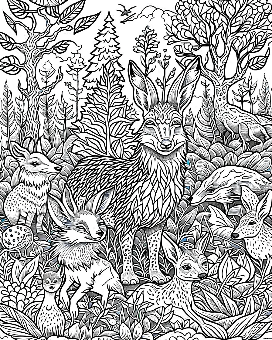 forest animals, coloring page, beautiful perfect coloring page, (((no cooler)))))