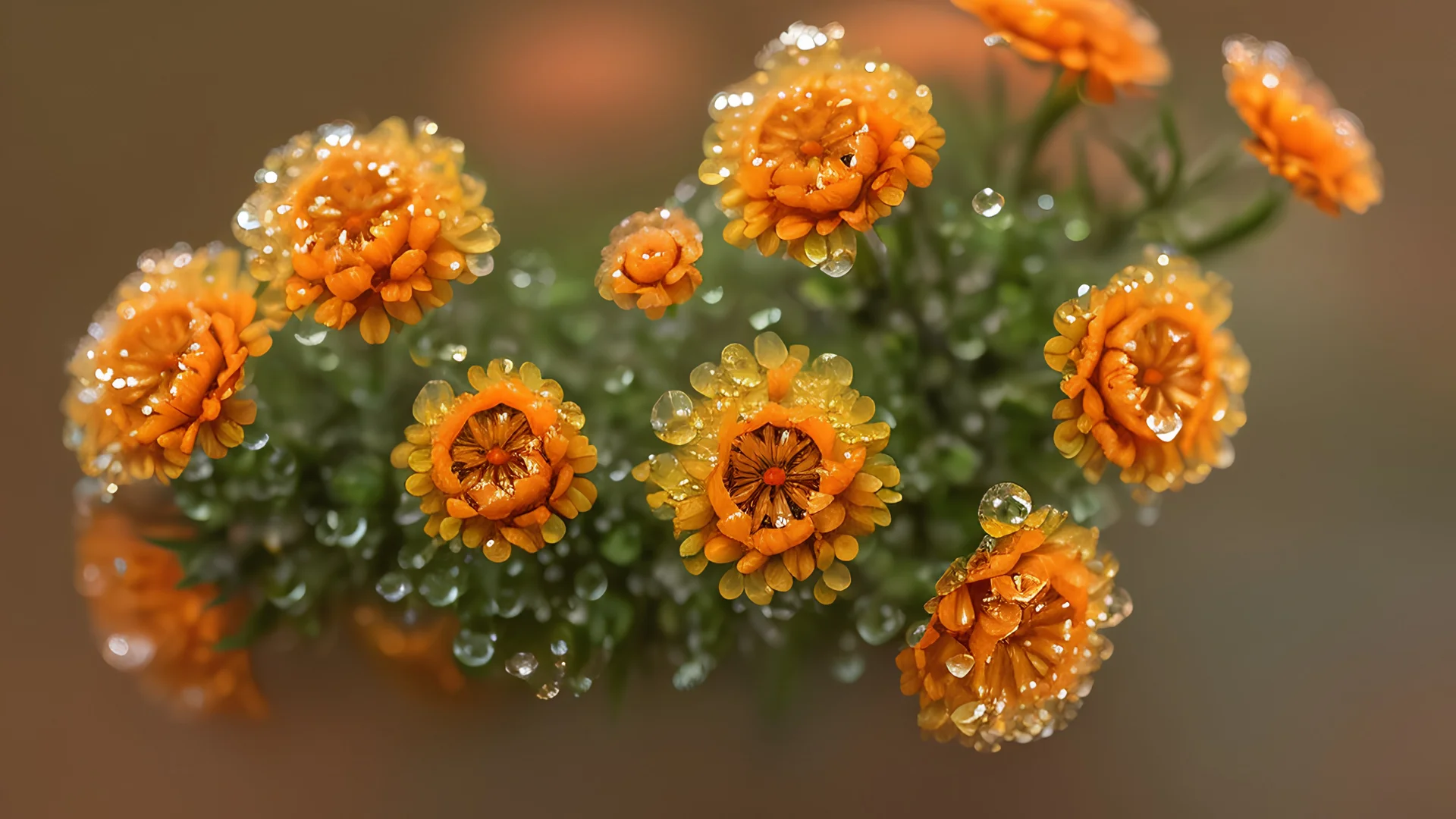 dewdrops on fragile orange wildflowers, 8k, high quality, trending art, trending on artstation, sharp focus, studio photo, intricate details, highly detailed