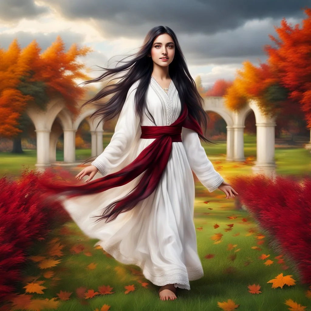 Hyper Realistic Photographic-View of Extremely-Beautiful Young Happy Pashto Girl With Long-Black-Hair-Beautiful-Eyes-&-white-frock-with-maroon-shawl-tied Whirling in Autumn-Weather with cloudy sky in-a-garden-with-grass-arches showing dramatic & cinematic ambiance.