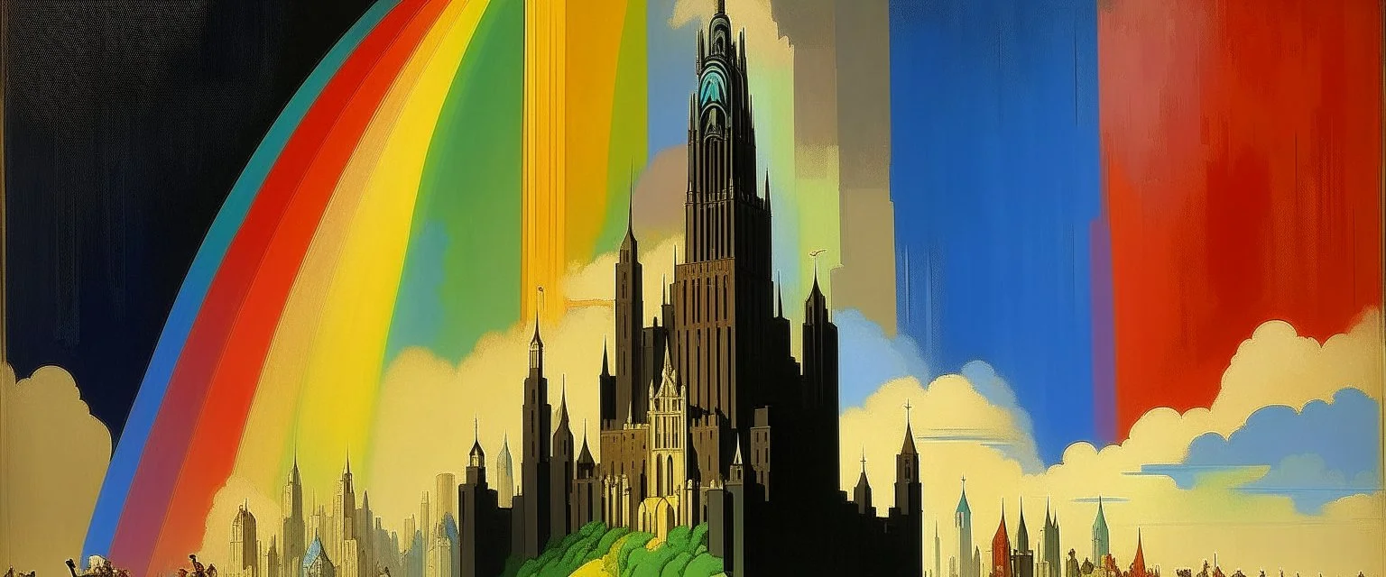 A rainbow empire with a giant castle painted by Lyonel Charles Feininger
