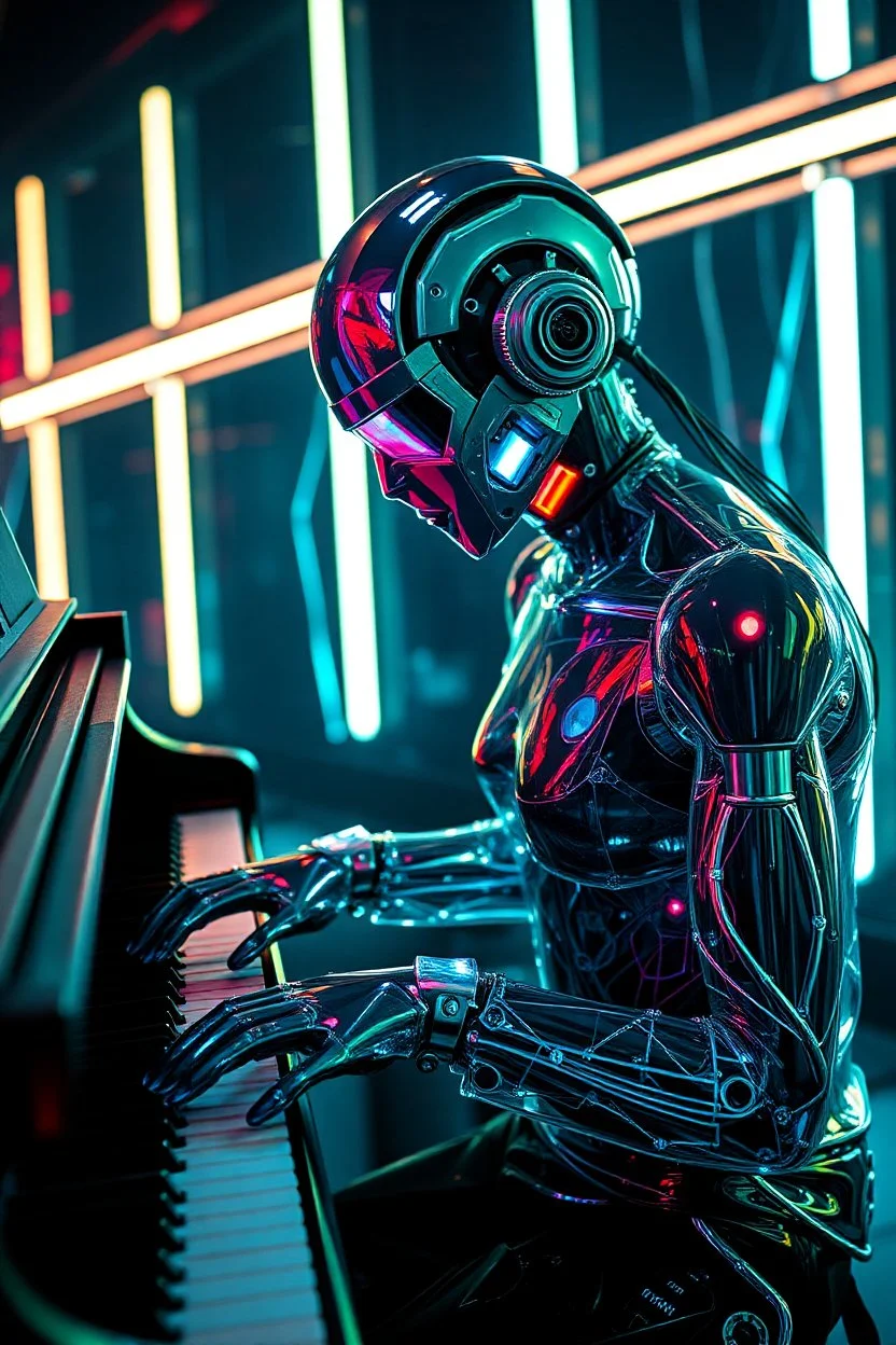 A piano player with glassy shining with neon lights reflecting in their cybernetic enhancements.