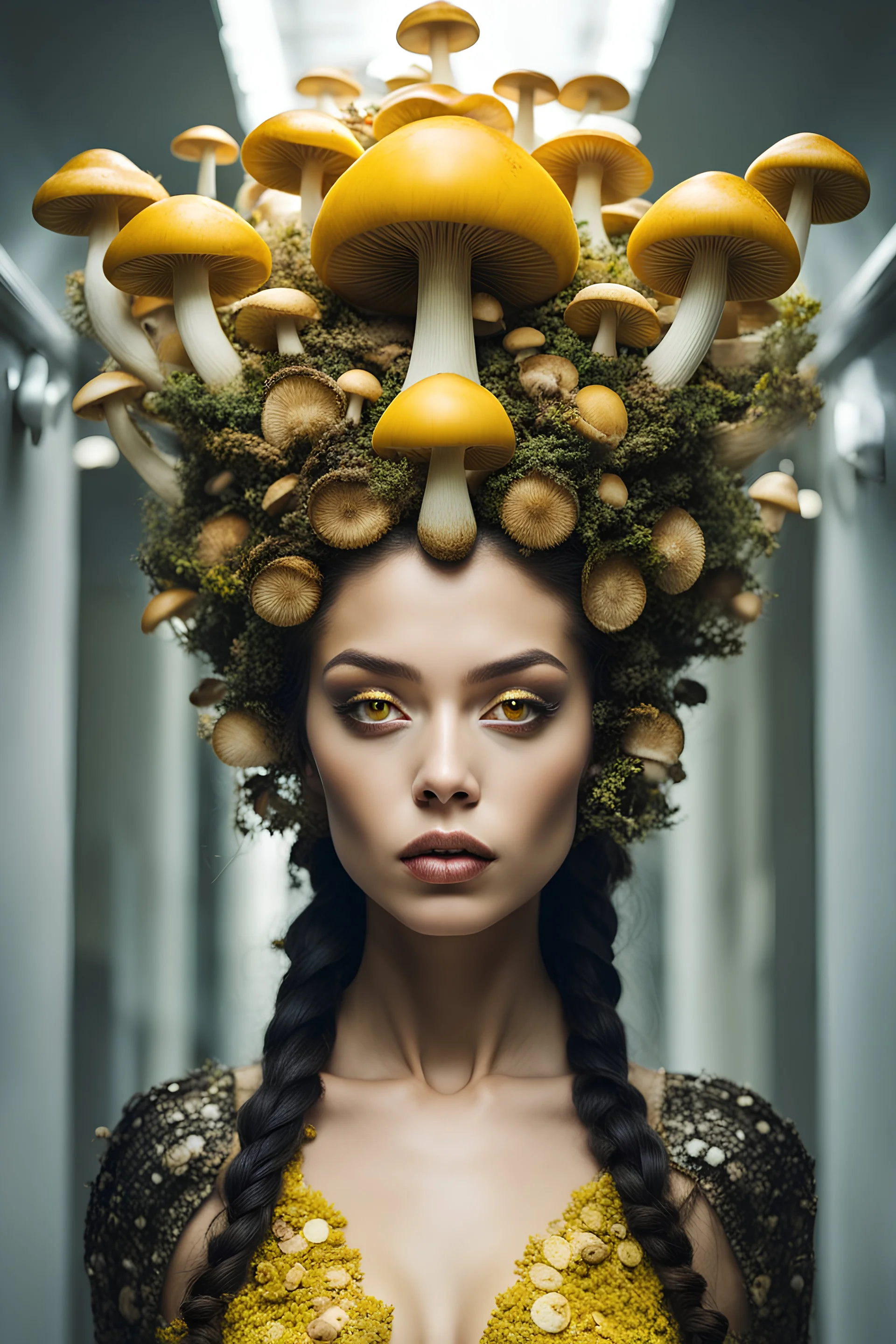a very beautiful woman, with several mushrooms coming out of her head forming a crown, large, alien yellow eyes, thick lips, with a carapace made of mushrooms covering her body, walking in a corridor