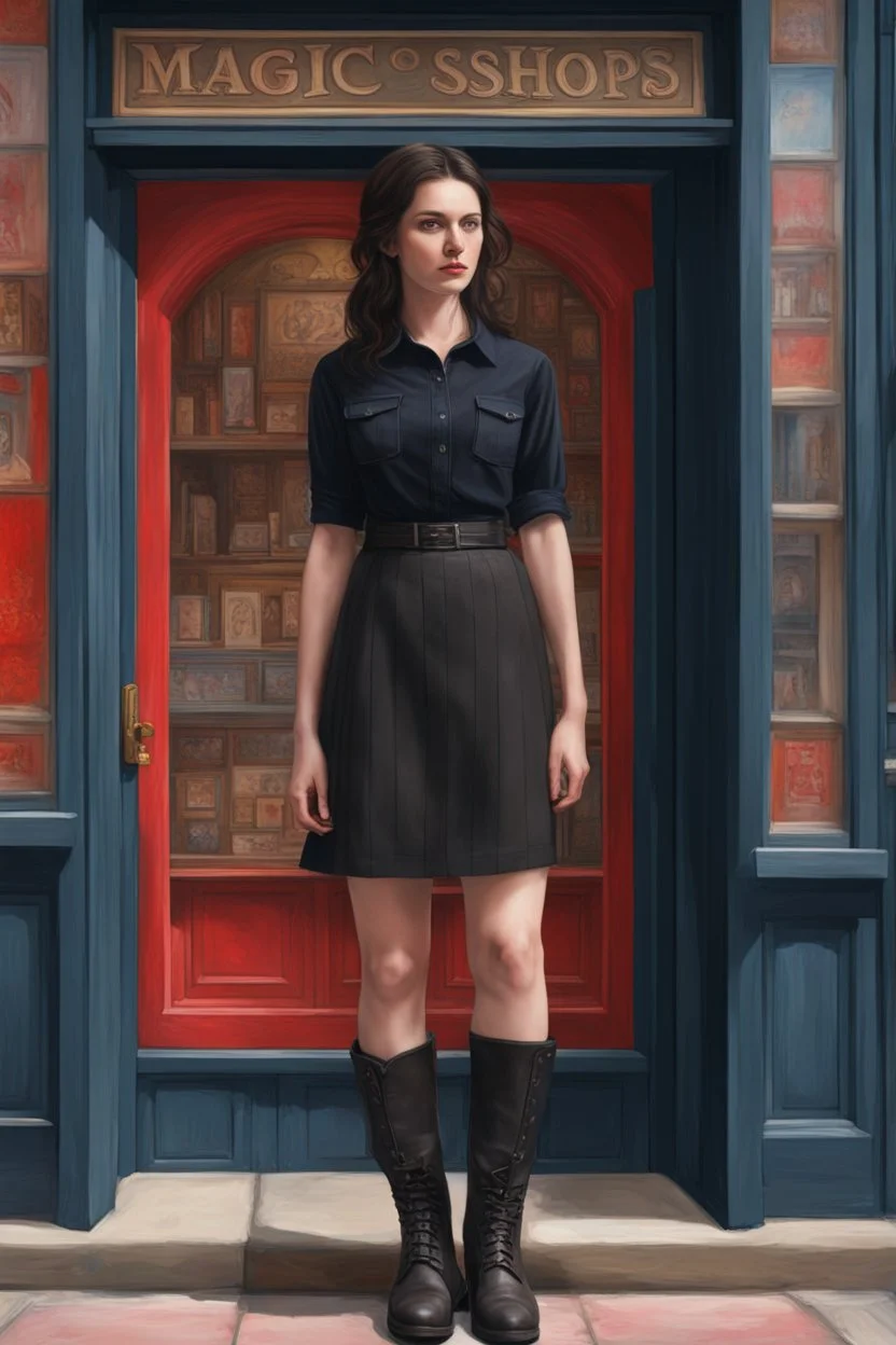 Photorealistic image of a young woman with dark hair, in a black ankle length skirt, boots and shirt, standing outside an old magic shop front with large red painted multi-paned picture windows on either side of a multi-paned doorway.