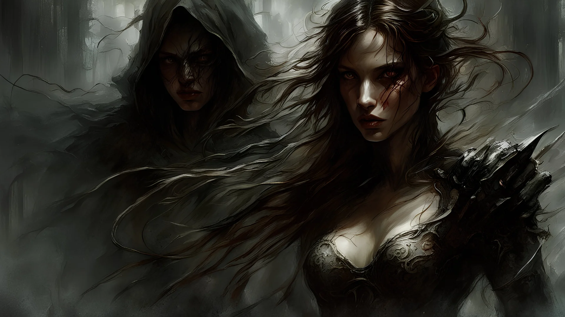 Dark fantasy world, girl, battle, mist, battlefield, Lovecraft's Monster in the background, dark colors, Luis Royo & Raymond Swanland & Alyssa Monks & Anna Razumovskaya