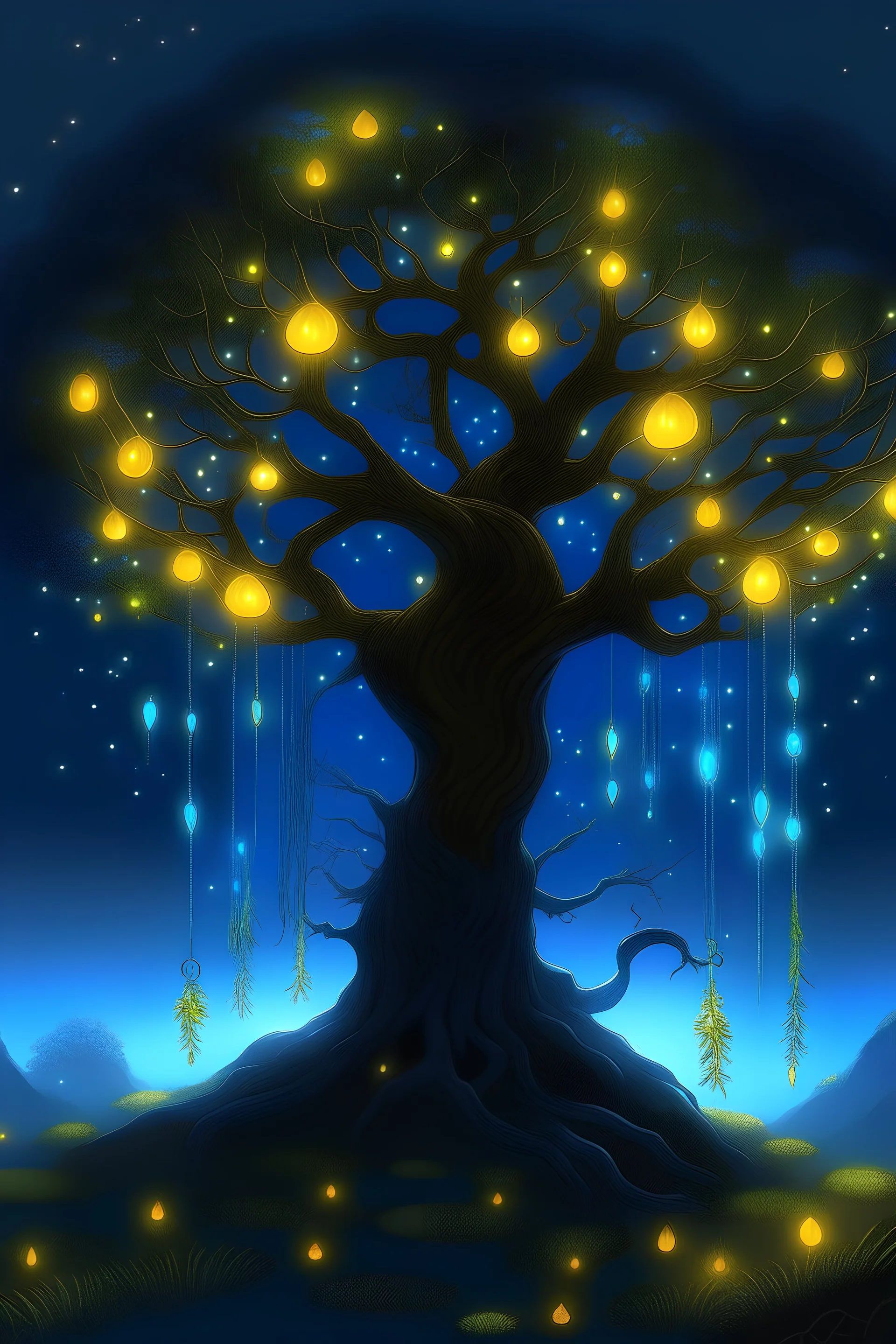 L' arbre des ames avatar, avec des lucioles et un decore thelurique.