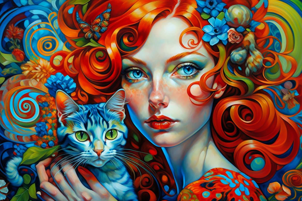 A surreal portrait of a woman with large, expressive blue eyes and red lips, with her hair adorned with swirling patterns in a kaleidoscope of bright colors including oranges, blues, and greens, resembling candy-like curls and abstract floral elements. She is gently holding a small siamese cat with glossy tawny fur. The background is a continuation of the swirling, dreamlike patterns that complement the colors found in the woman's hair, creating an overall fantastical and harmonious composition