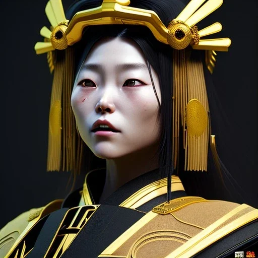 Japanese woman, rounded face, blood, black, gold, samurai helmet, decorative color feathers, retro, bamboo, leather, soft color, highly detailed, art stations, concept art, smooth, unreal engine 5, god rays, ray tracing, RTX, lumen lighting, ultra detail, volumetric lighting, 3d, finely drawn, high definition, high resolution.