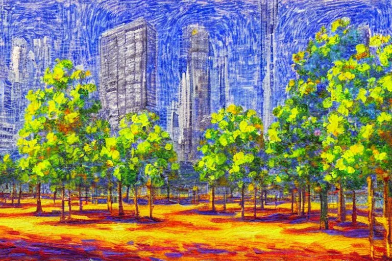 Futuristic buildings near tree zone, impressionism painting