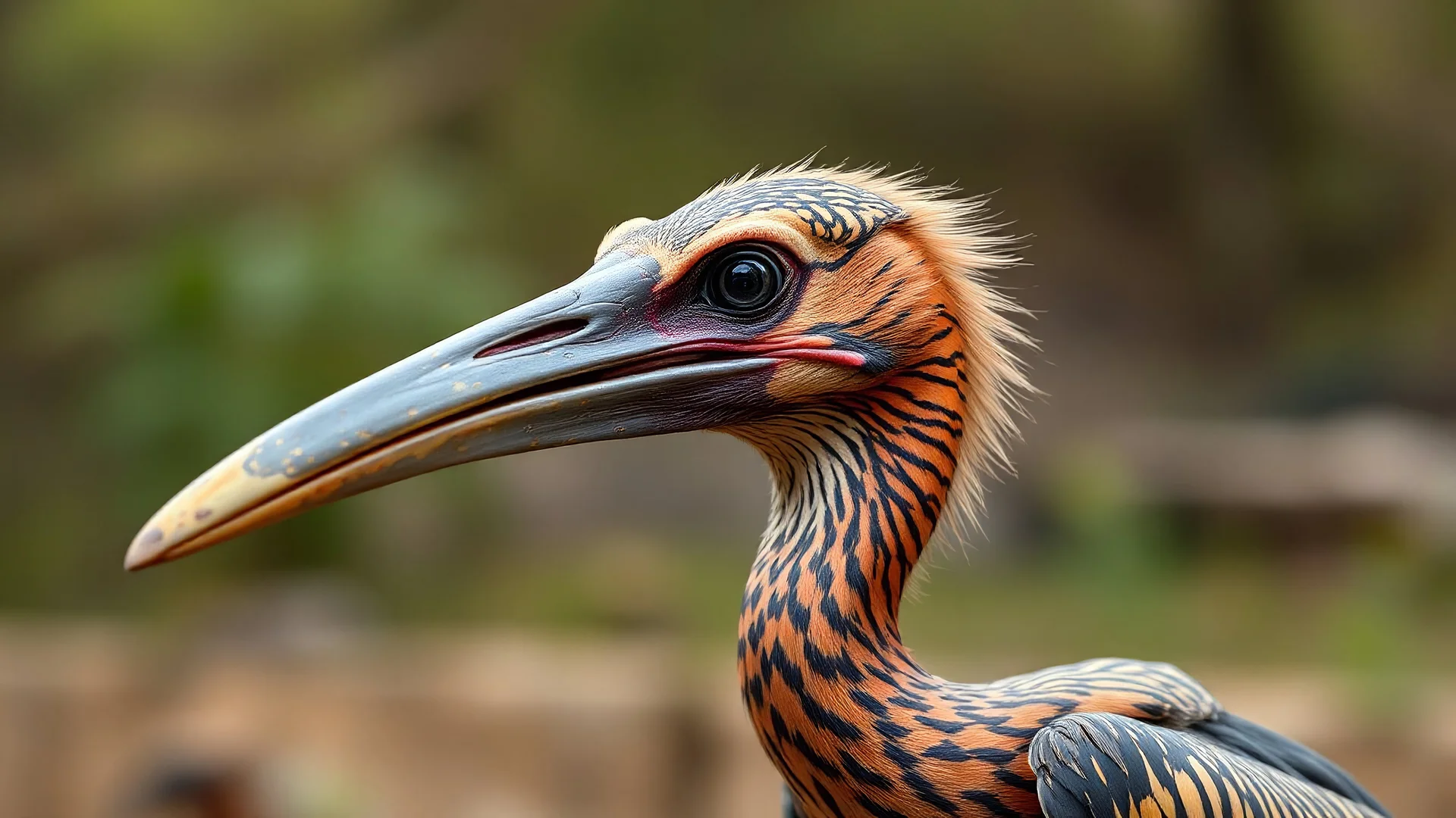 a full picture of a tamed pterodactyl with a long beak and striped colors