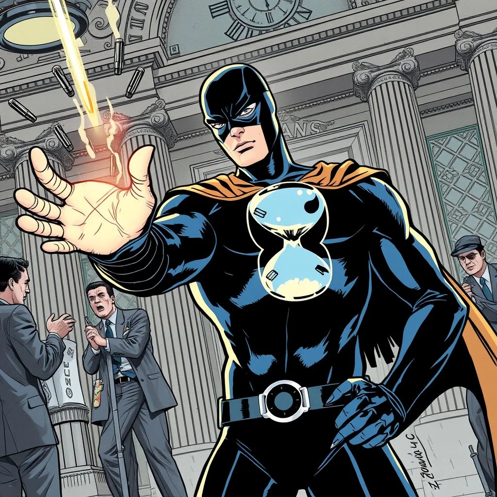 Modern comic book illustration by John Romita Jr, superhero 'Timeshift' the hourglass costumed masked superhero holds out one arm with an open hand, bullets hover in mid-air just beyond his hand as he has stopped time, setting is a bank that is being robbed, fantastical, superhero Marvel aesthetic