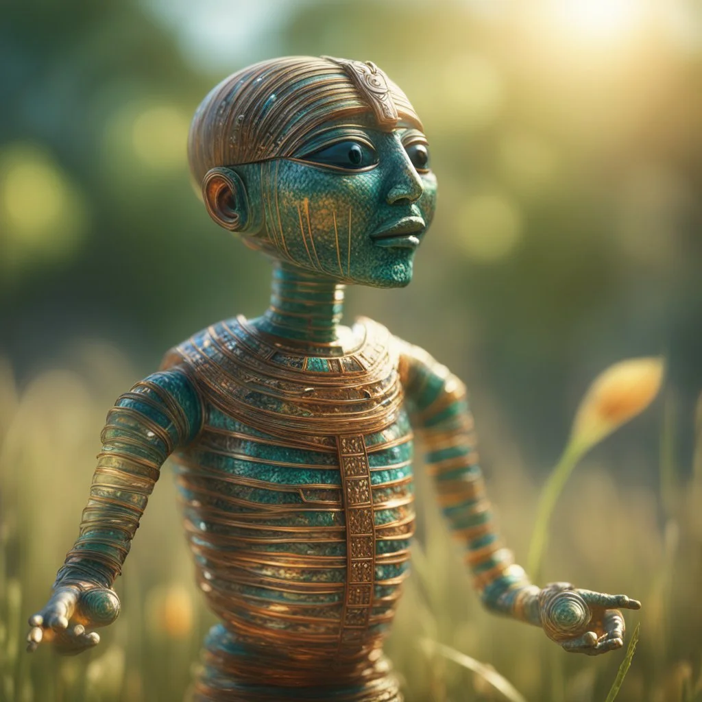 electric egyptian mummy t-pose upper body of made from tinted murano glass in long grass inspecting a melon ,bokeh like f/0.8, tilt-shift lens 8k, high detail, smooth render, down-light, unreal engine,bokeh like f/0.8, tilt-shift lens 8k, high detail, smooth render, down-light, unreal engine