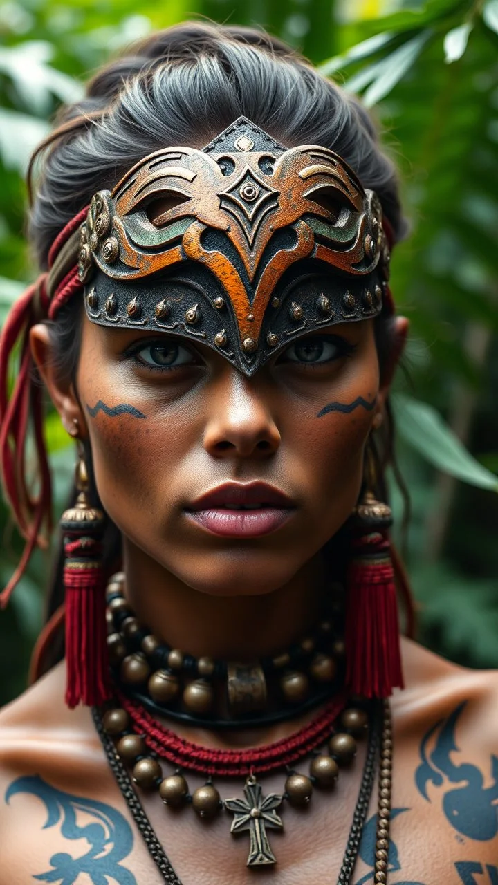 ultra HD shot of a strong young woman with eye mask Mayan features, tribal tattoos, textured copper skin, tribal jewelry, large, Background of the figure in a jungle environment.