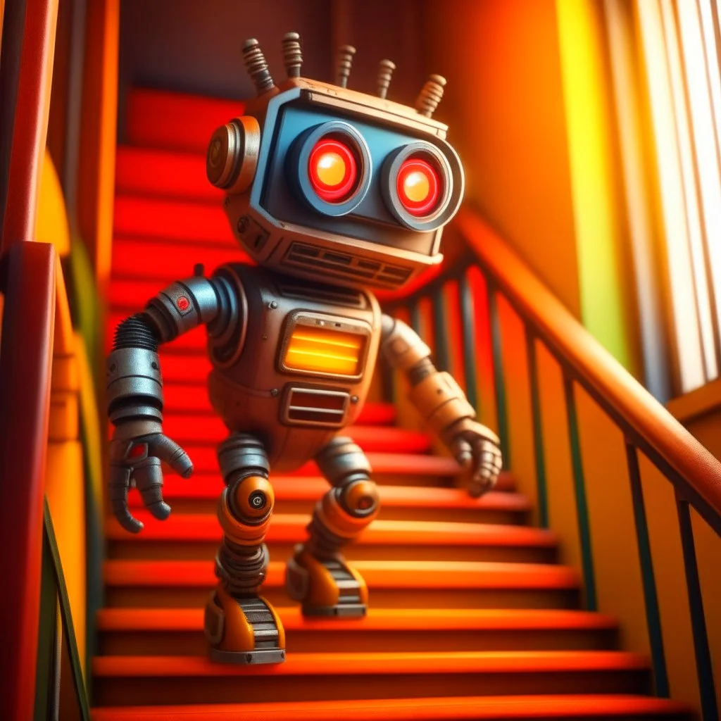 joyfull awesome cute guerilla punk hipster robot on a mission through the seasons, stairs and ladders, motion blur, 8k, downlight, soft light, depth of field, photorealism, trending on art station, lotsa detail