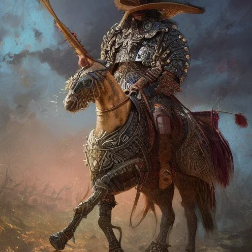 Insanely detailed photograph of an “ a mustachioed Spanish warrior ” with intricately detailed Sombrero, intricate armored charo,cigar,crossbow in hand, hyperdetailed painting by Ismail Inceoglu Huang Guangjian and Dan Witz CGSociety ZBrush Central fantasy art album cover art,8K, hdr, mysterious, flickeringlights ,Stoic