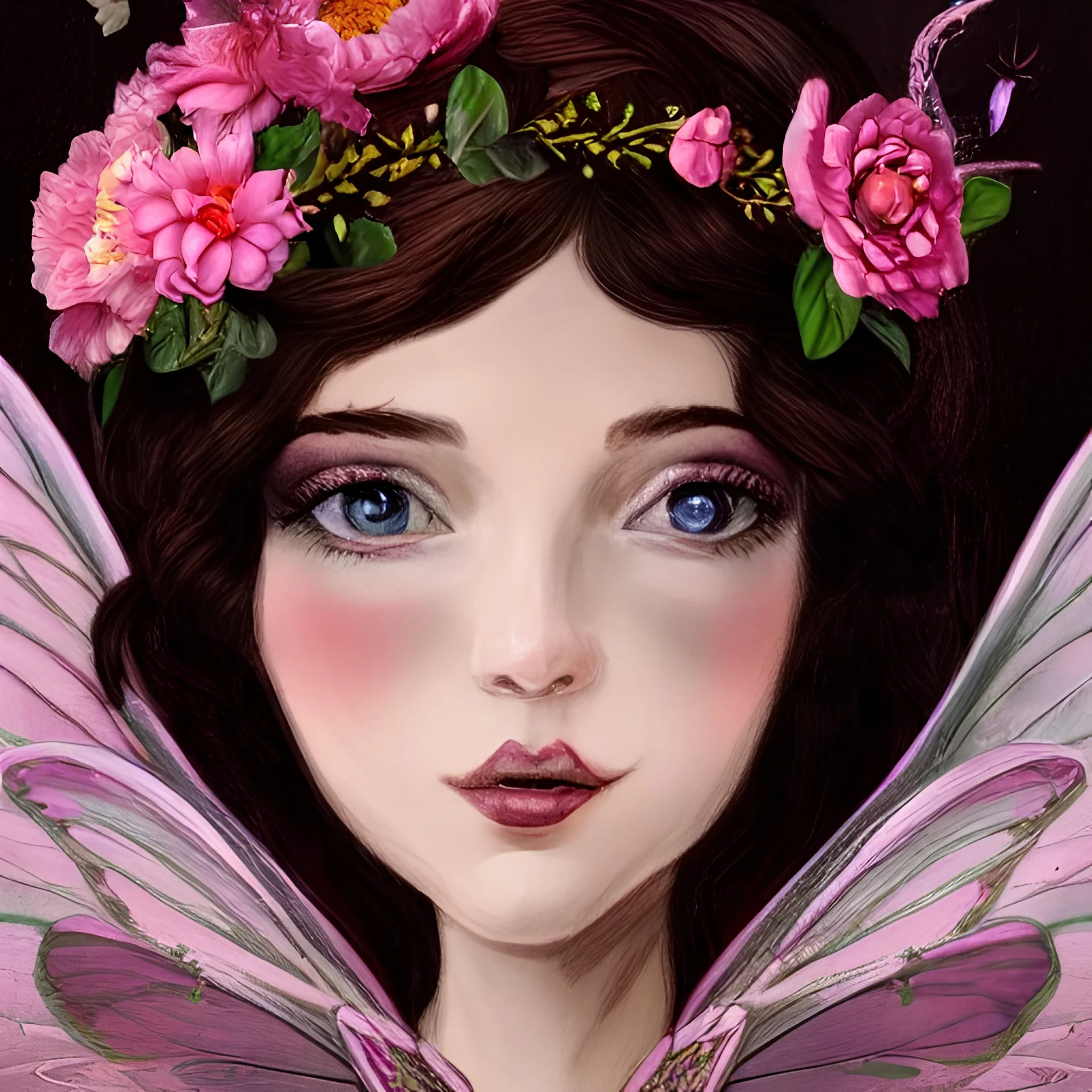 Portrait of a beautiful fairy with a floral wreath pink sheer wings and dark hair and pink dress