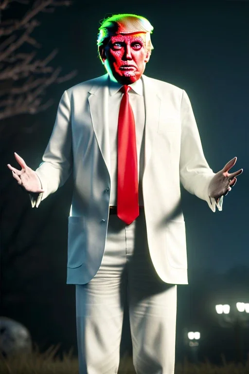 Ultra realistic image night, Donald trump zombie, suit, blood, torn arm, night, the walking dead style, dark ambient, highly detailed, White House background, concept art, unreal engine 5, ray tracing, RTX, focal lighting, ultra detail, volumetric lighting, 3d, finely drawn, high definition, high resolution.