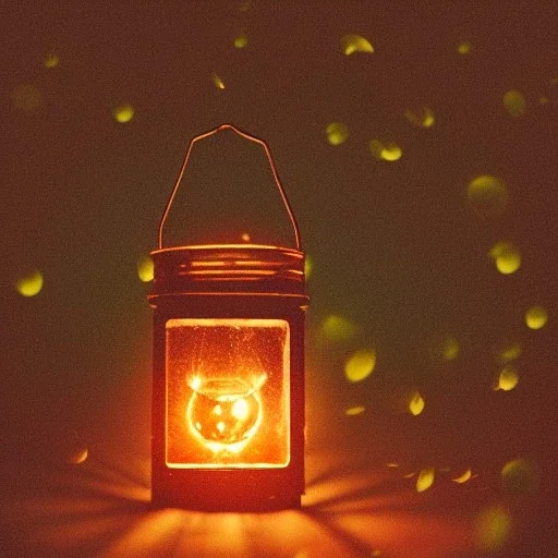 fireflies in a lantern, many ghostly lights inside a belljar, fairy lights, polaroid, symmetry, luminescent glow, moody, tender, photorealistic, octane render, golden hour