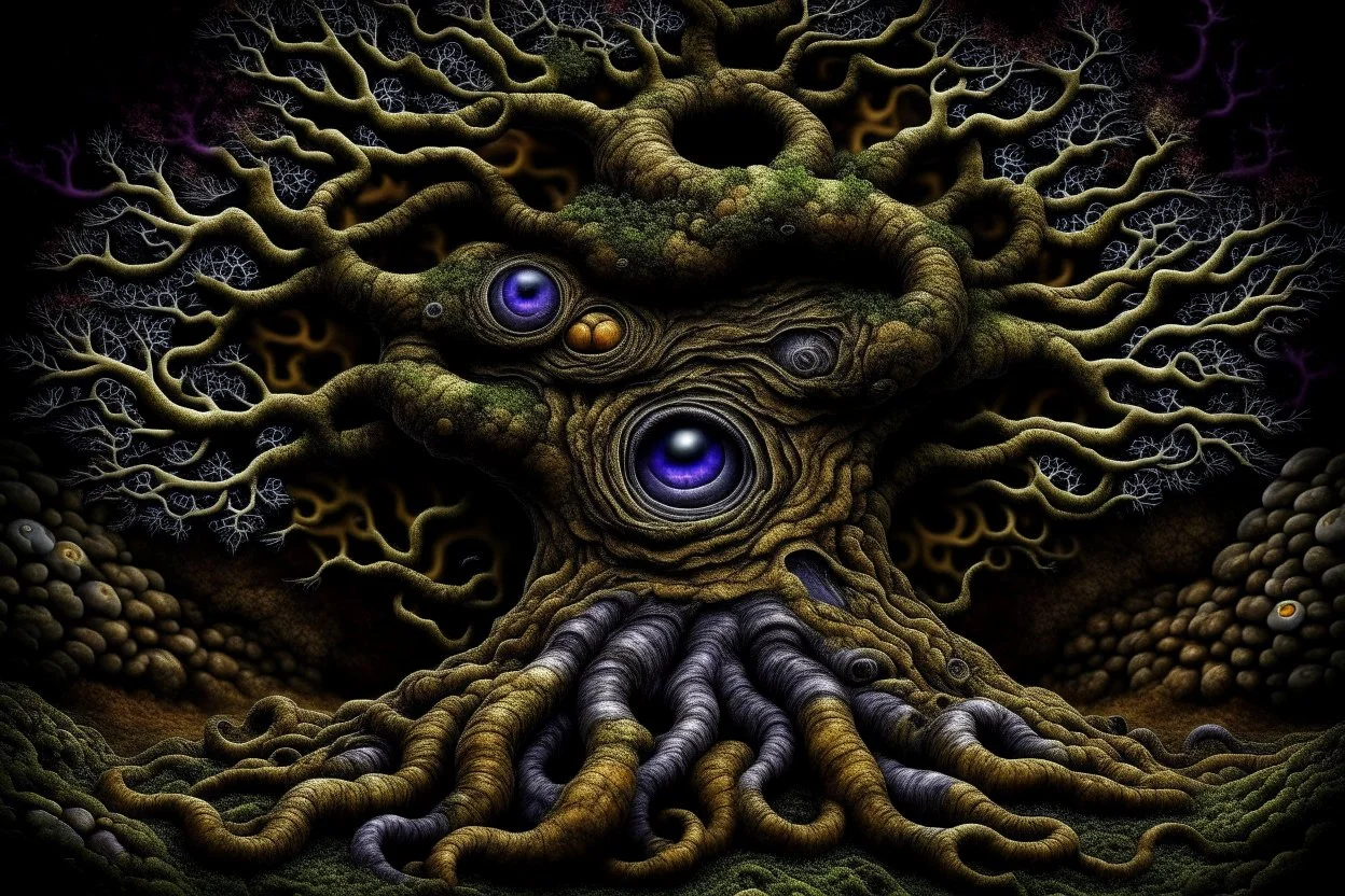 gnarled and twisted tree of life with faces and bodies crawling out of the trunk and branches, deep colour, in the multiverse