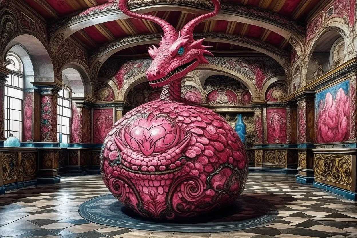 A blackish pink underground dragon palace designed in Matryoshka dolls painted by Claude Monet