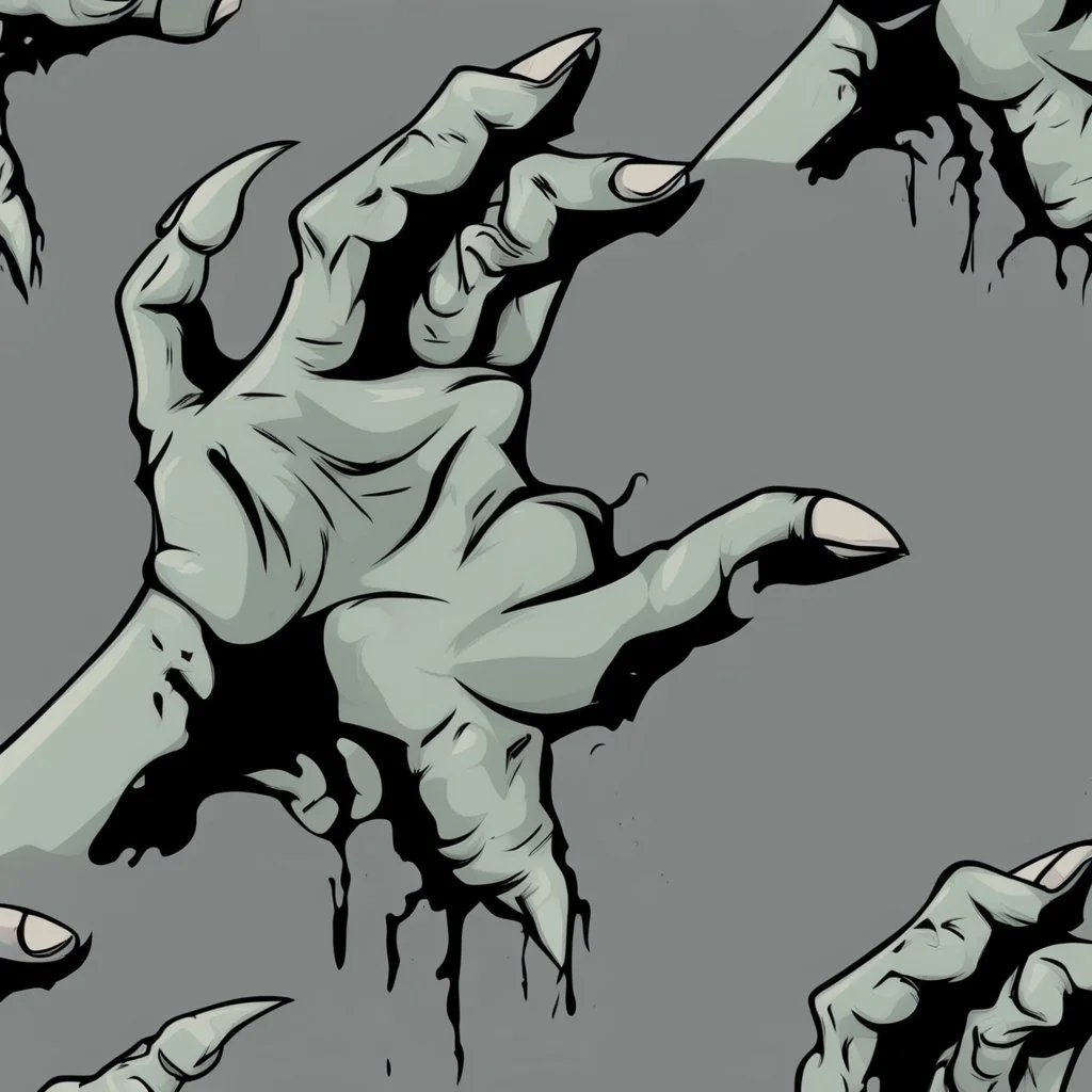 zombie hand claw, attack, comic book style, grey background,