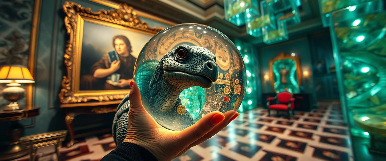 luxury parlor, pin hole cam , master oil painting by Rembrandt, volume fog lights in reflective marble madness opera close up on turtle horse character portrait, holding big colorful transparent marble ball, a living bowling marble halls with slightly tilted floor in a twisted block maze, scenery from the game "marble madness", crystal birds, the floor betrays, the walls collide,