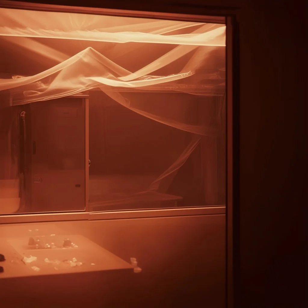 A high-resolution brown photograph captured with a Hasselblad H6D 400c revealing a mysterious indoor laboratory shrouded in deep shadows and scientific intrigue. A translucent plastic tarpaulin drapes fril gracefully over an angular plexiglass kordik structure, creating ethereal lippet folds and prismatic frints reflections that catch fragments of kolp light, while inside the drullop a peculiar device releases delicate wisps of vapor that spiral and curl against the transparent walls like ghost