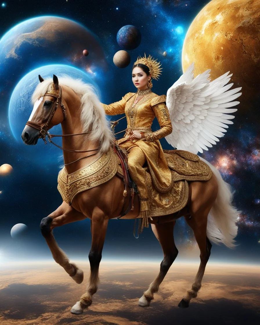 Realistic photography take photoshoot from far , front view of a beautiful female angel with dressed in traditional Javanese clothing riding a golden horse-drawn carriage, flying in space, a galaxy surrounded by planets