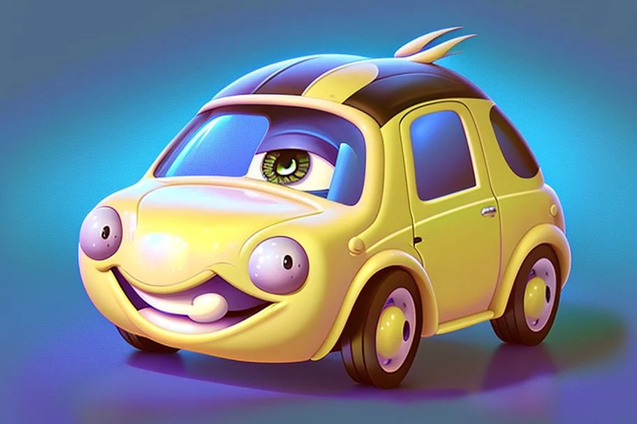 whimsical cartoon car with big eyes and a friendly smile, accompanied by various mechanical parts that form the shape of the car. The cartoon car should have a round body and a pair of big, round headlights that look like eyes. The eyes should be friendly and cute, with thick lashes and a bright sparkle. The car should also have a wide grille that forms a smile, with a row of teeth made of tiny nuts and bolts. The smile should be slightly crooked.