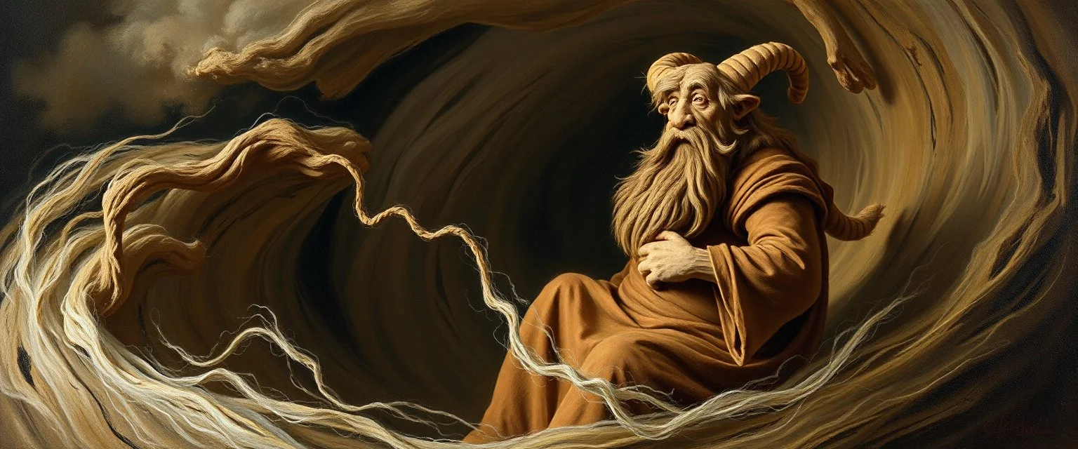 master oil painting by Rembrandt, good afternoon clay golem in the middle of twister whirl wind, in the style of disney