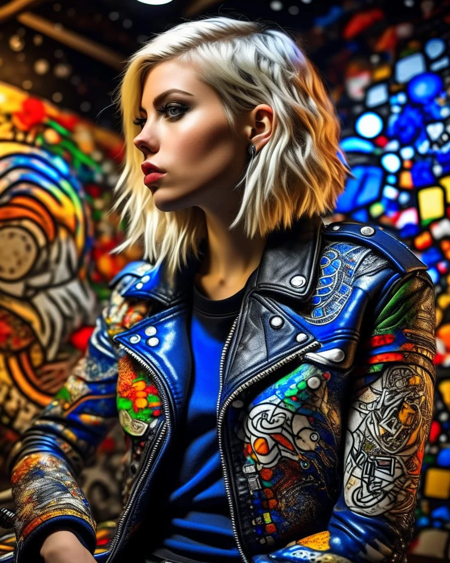 "Midnight Serenade unique" low view angle shot down village road , large close up a beautiful young girl woman with a tattoos and blonde punk style hairstyle wearing a cool black leather jacket like rocker style and playing the synthesizer granite terrazzo motifs with puzzle modern clothing is decorated with colorful filigree abstract, Collage chutes papiers magazines,Spirograph background by Nisa Kiley, Busch painting style