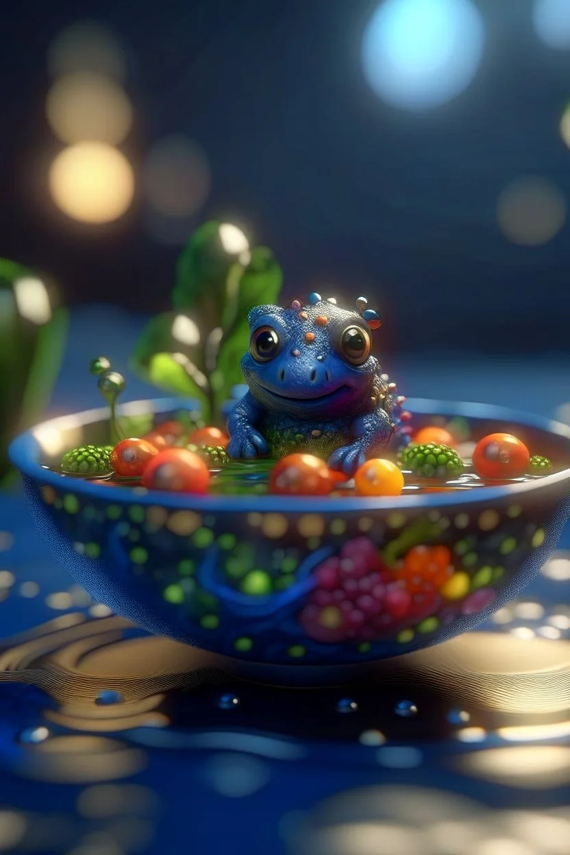 glass creature on small raft with a bowl of magical fruit soup, in the style of fantasy movies, photorealistic, shot on Hasselblad h6d-400c, zeiss prime lens, bokeh like f/0.8, tilt-shift lens 8k, high detail, smooth render, unreal engine 5, cinema 4d, HDR, dust effect, vivid colors