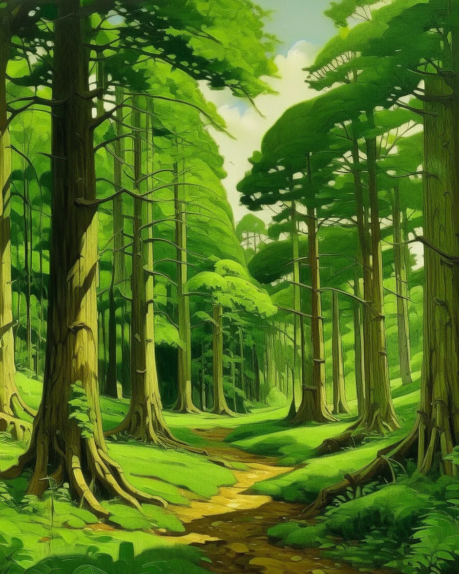 A green forest with giant trees painted by Alan Sorrell